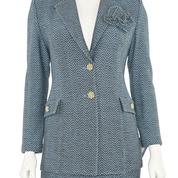 St. John Collection 2Pc Herringbone Jacket & Skirt Suit in Light Blue/Charcoal - Picture 4 of 13